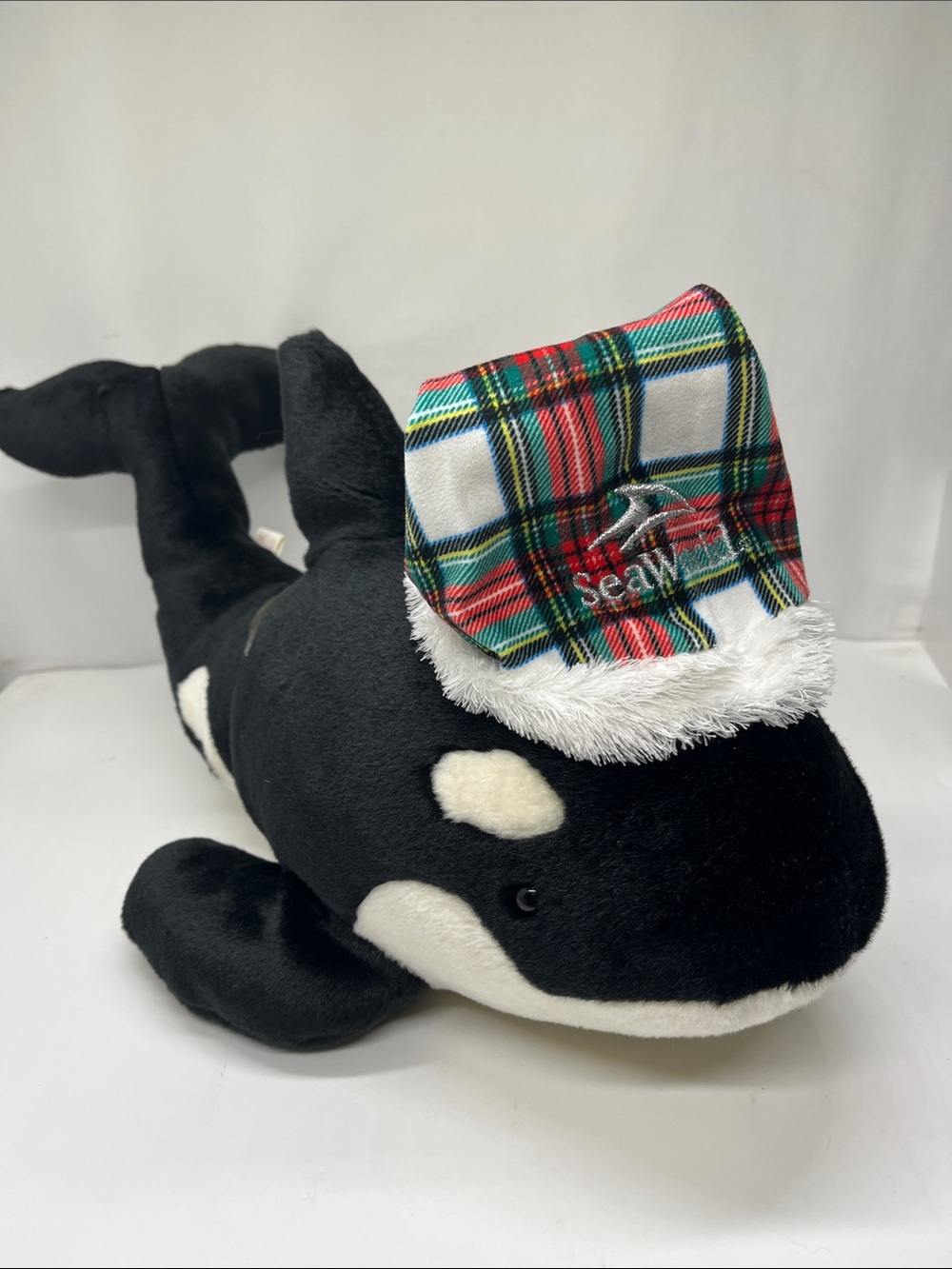 Sealy Plush Orca Whale with Red Plaid Hat - Kids Stuffed Animal